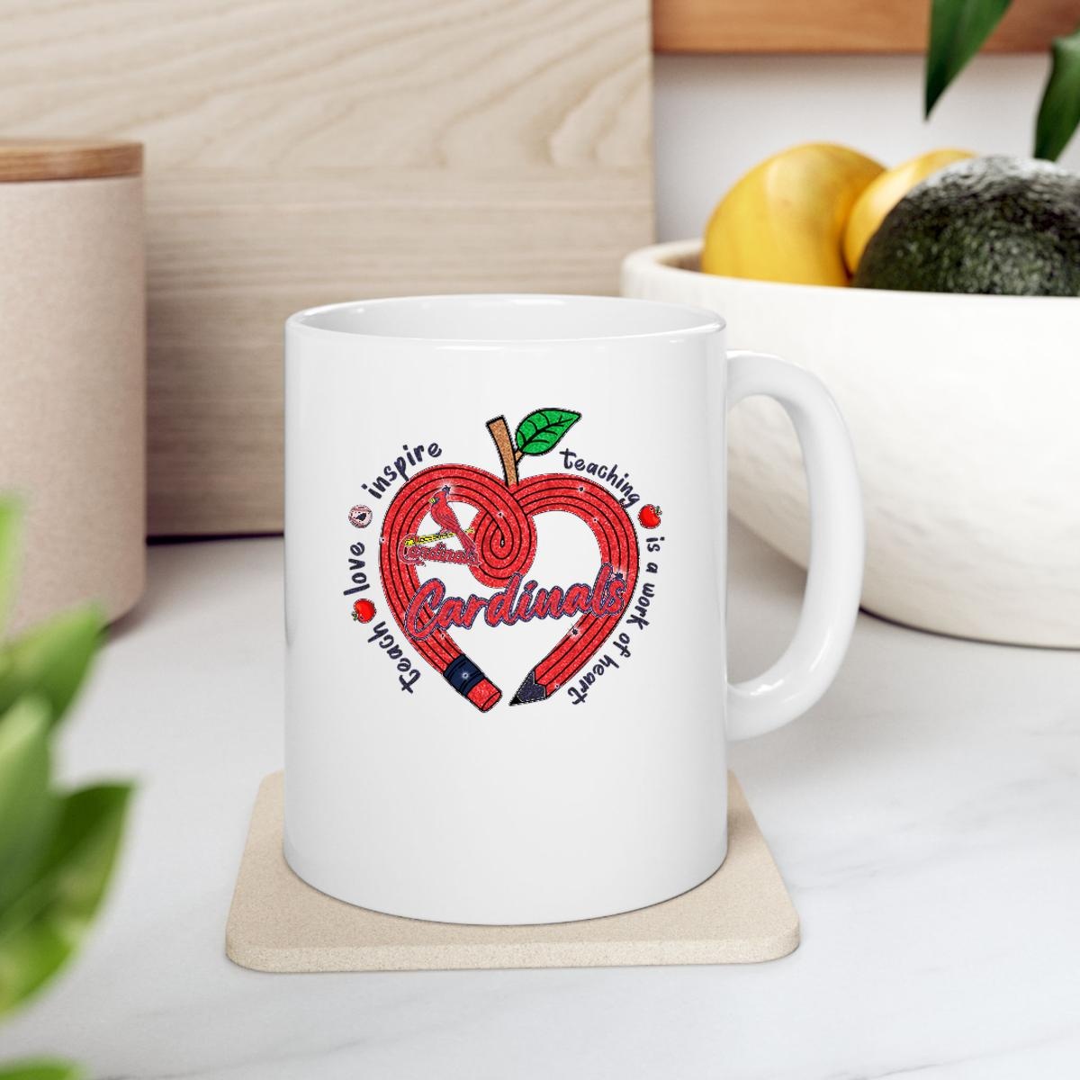 St Louis Cardinals Teacher Love Inspire Is A Work Of Heart Mug 2