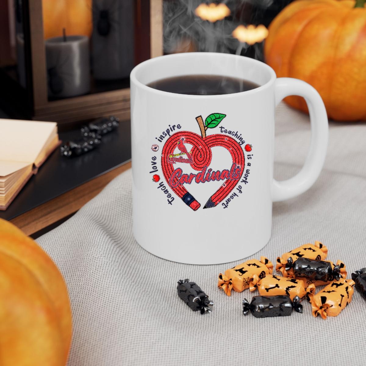 St Louis Cardinals Teacher Love Inspire Is A Work Of Heart Mug 3